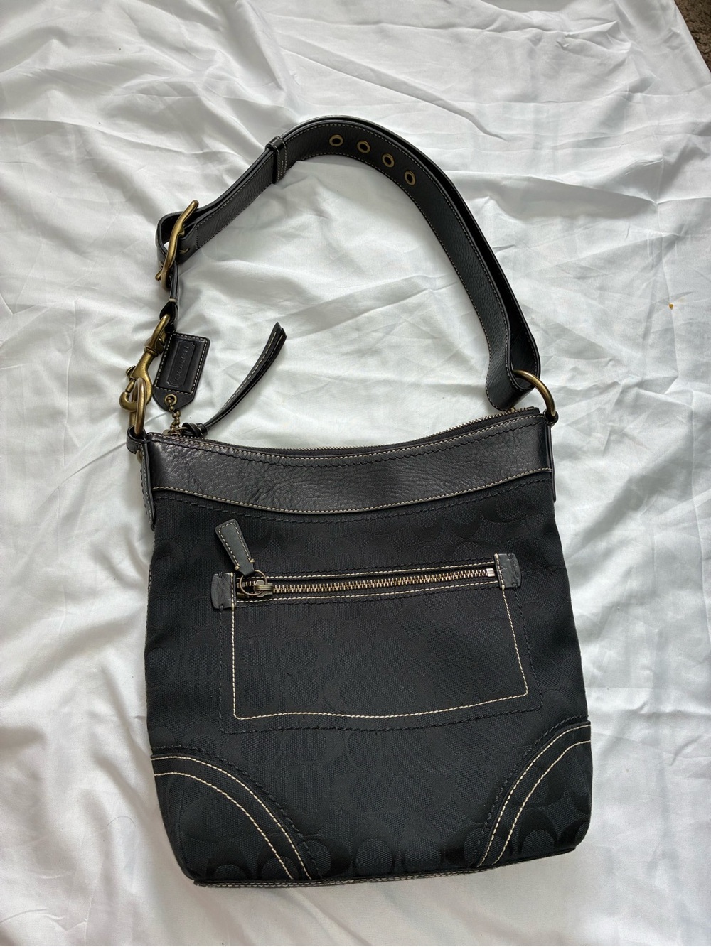 Coach Black Signature Canvas Shoulder Bag with Leather Trim